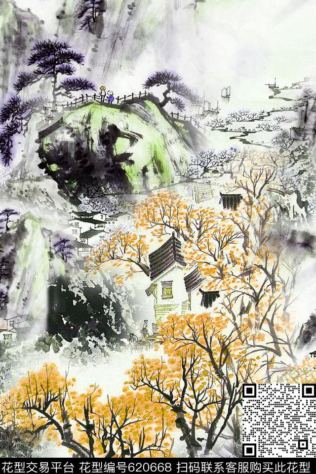 花卉中国风水墨数码印花华亿平台下载（图片编号: 620668） - 瓦栏（Walan）