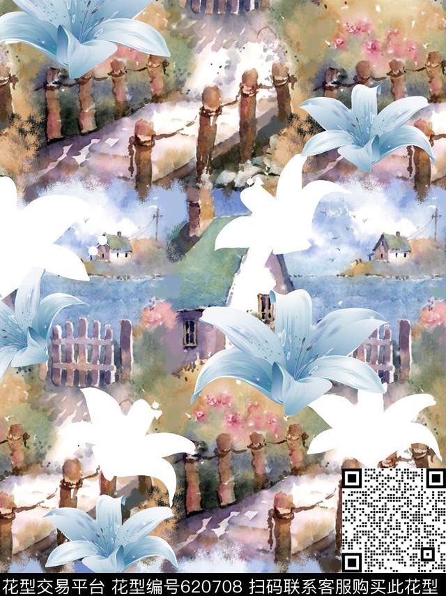 抽象手绘满版最新高清数码时尚潮流大牌复古欧美风油画风景花卉数码印花华亿平台下载（图片编号: 620708） - 瓦栏（Walan）