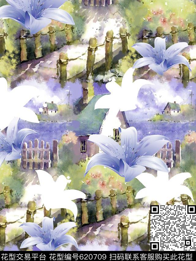 抽象手绘满版最新高清数码时尚潮流大牌复古欧美风油画风景花卉数码印花华亿平台下载（图片编号: 620709） - 瓦栏（Walan）