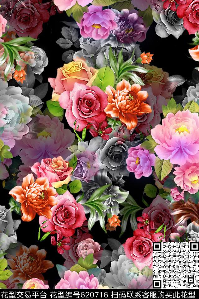 玫瑰花朵数码印花华亿平台下载（图片编号: 620716） - 瓦栏（Walan）