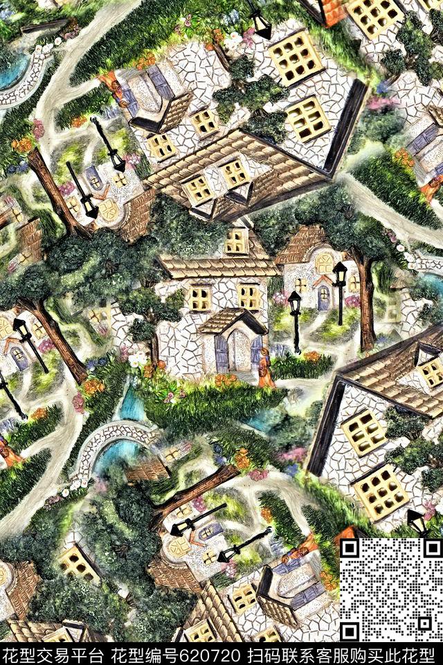 时尚抽象手绘印花时尚手绘油画房子印花时尚潮流大牌女装印花数码印花华亿平台下载（图片编号: 620720） - 瓦栏（Walan）