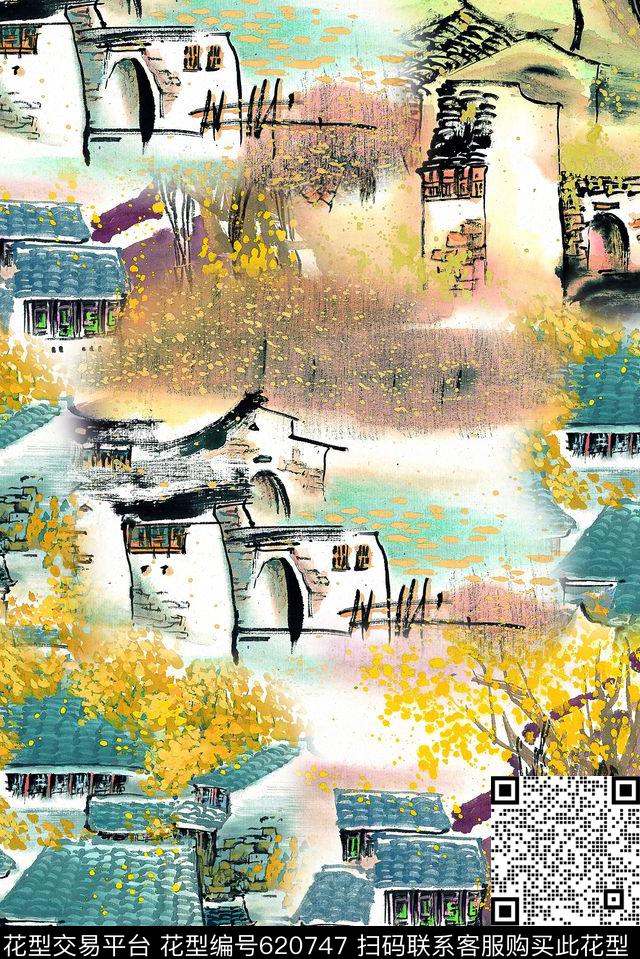 时尚手绘水彩画房子印花时尚抽象印花时尚大牌潮流女印花数码印花华亿平台下载（图片编号: 620747） - 瓦栏（Walan）