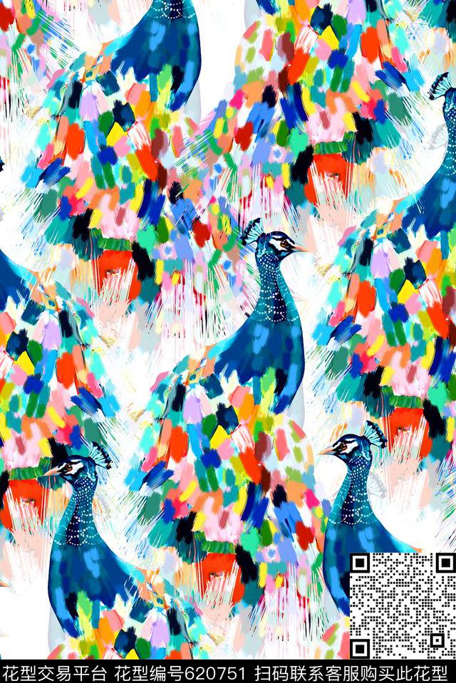 抽象手绘满版最新高清数码时尚潮流大牌复古欧美风孔雀鸟彩色纹理笔刷数码印花华亿平台下载（图片编号: 620751） - 瓦栏（Walan）
