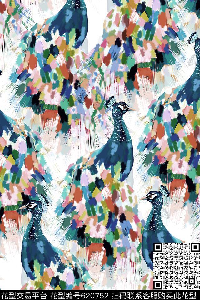 抽象手绘满版最新高清数码时尚潮流大牌复古欧美风孔雀鸟彩色纹理笔刷数码印花华亿平台下载（图片编号: 620752） - 瓦栏（Walan）