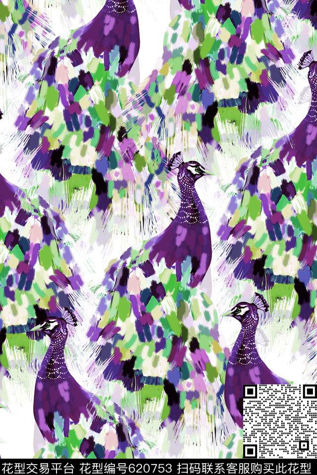 抽象手绘满版最新高清数码时尚潮流大牌复古欧美风孔雀鸟彩色纹理笔刷数码印花华亿平台下载（图片编号: 620753） - 瓦栏（Walan）