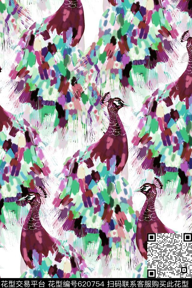 抽象手绘满版最新高清数码时尚潮流大牌复古欧美风孔雀鸟彩色纹理笔刷数码印花华亿平台下载（图片编号: 620754） - 瓦栏（Walan）