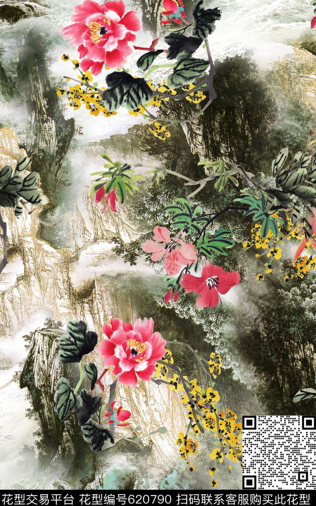 山水中国风花卉数码印花华亿平台下载（图片编号: 620790） - 瓦栏（Walan）