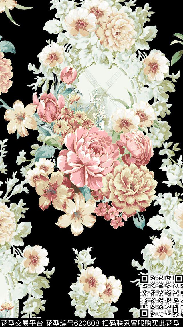 满版花卉镜子风车传统印花华亿平台下载（图片编号: 620808） - 瓦栏（Walan）