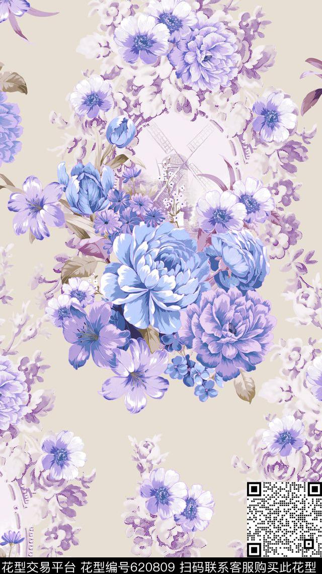 满版花卉镜子风车传统印花华亿平台下载（图片编号: 620809） - 瓦栏（Walan）