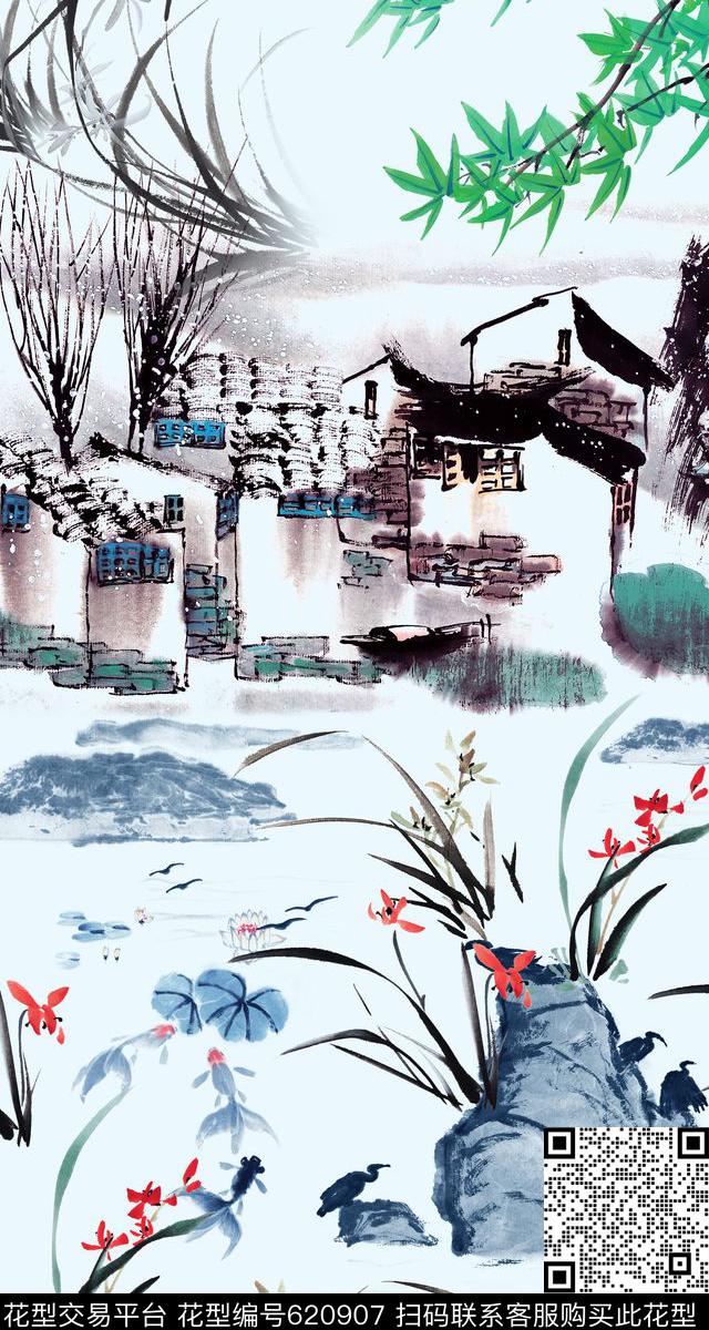 定位花旗袍兰花数码印花华亿平台下载（图片编号: 620907） - 瓦栏（Walan）