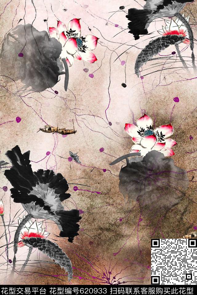 荷花花卉中国风数码印花华亿平台下载（图片编号: 620933） - 瓦栏（Walan）