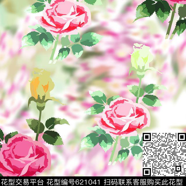 淡雅田园风玫瑰数码印花华亿平台下载（图片编号: 621041） - 瓦栏（Walan）