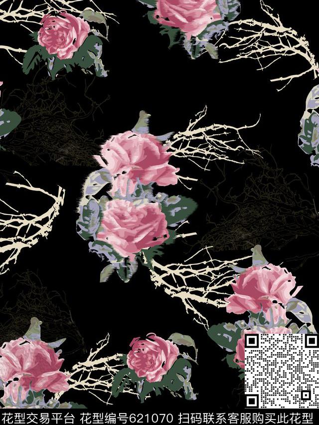 大花花卉树枝数码印花华亿平台下载（图片编号: 621070） - 瓦栏（Walan）