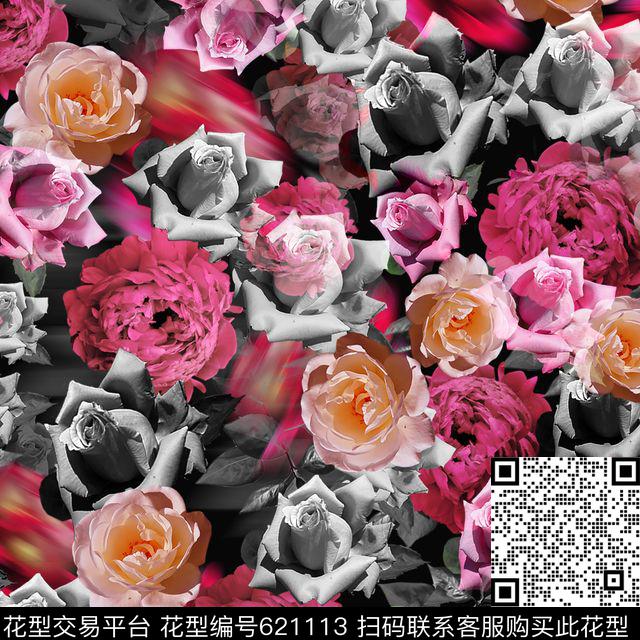 真实花卉时尚复古数码印花华亿平台下载（图片编号: 621113） - 瓦栏（Walan）