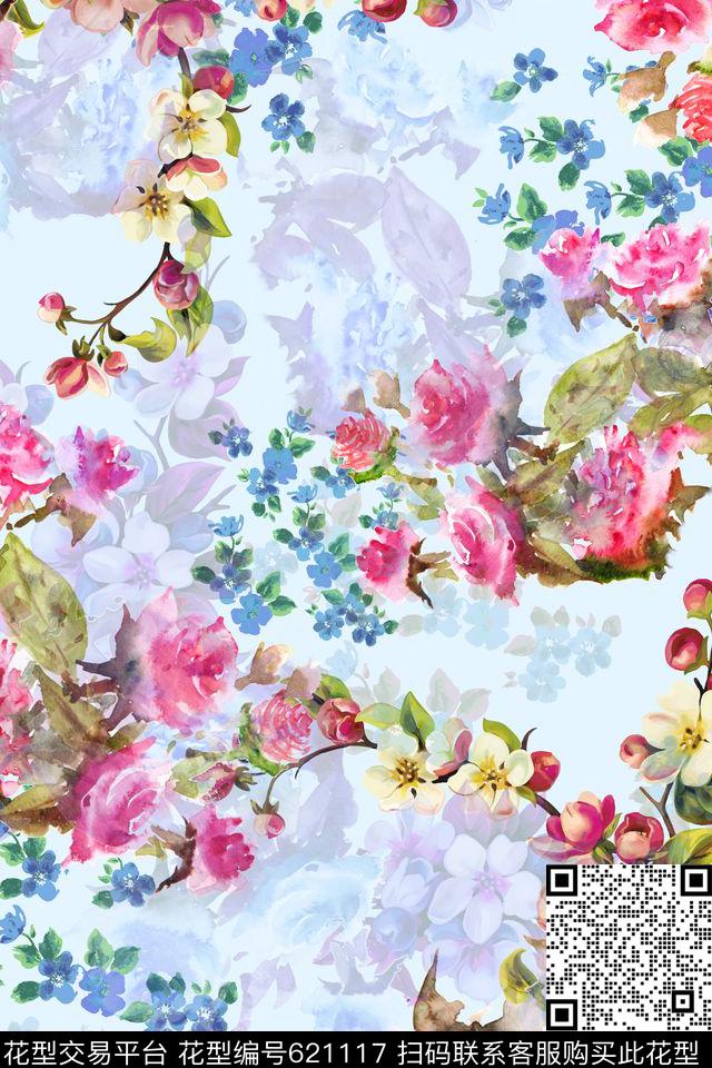 女装四方连续花鸟植物数码印花华亿平台下载（图片编号: 621117） - 瓦栏（Walan）