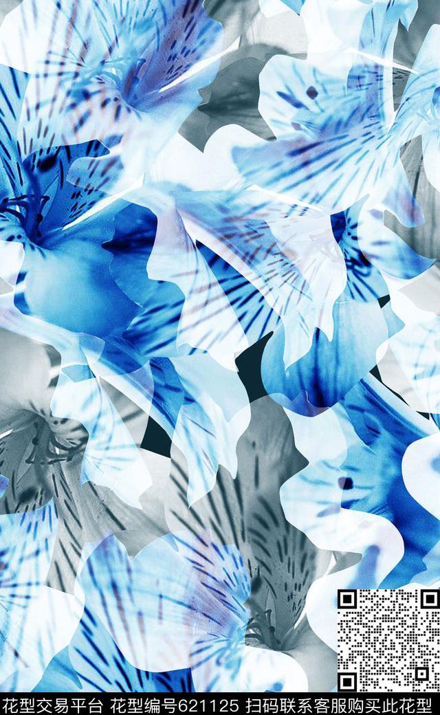 复古欧式大花蓝色大花大花数码印花华亿平台下载（图片编号: 621125） - 瓦栏（Walan）