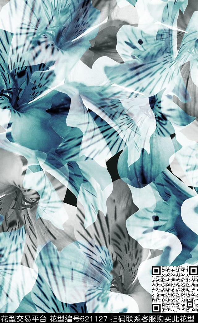 复古欧式大花蓝色大花大花数码印花华亿平台下载（图片编号: 621127） - 瓦栏（Walan）