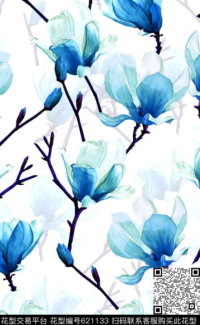 女装时尚潮流连衣裙复古欧式大花蓝色大花数码印花华亿平台下载（图片编号: 621133） - 瓦栏（Walan）