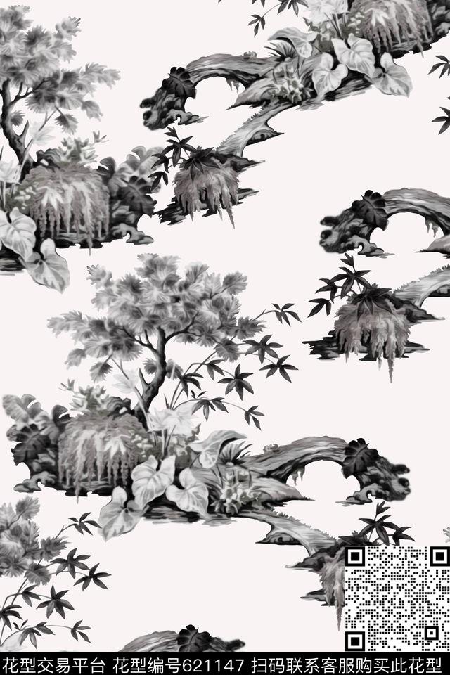 水彩树林风景数码印花华亿平台下载（图片编号: 621147） - 瓦栏（Walan）