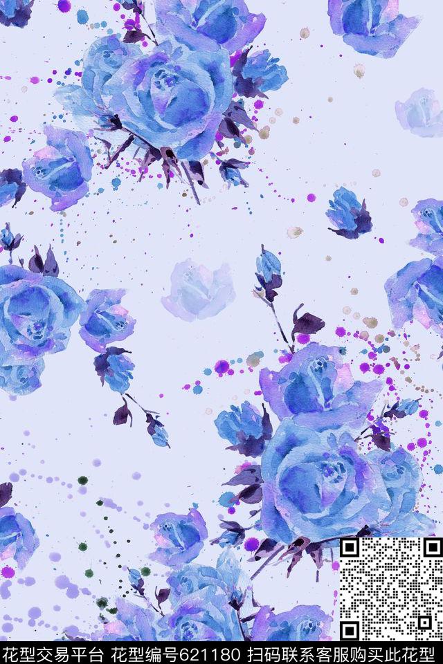 水彩花卉玫瑰数码印花华亿平台下载（图片编号: 621180） - 瓦栏（Walan）