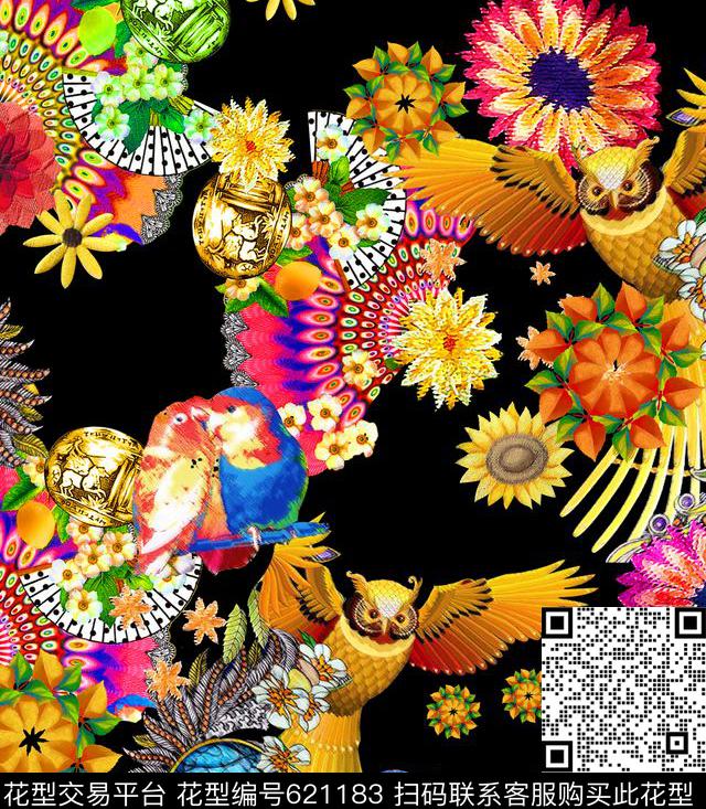 满版花卉老鹰中老年数码印花华亿平台下载（图片编号: 621183） - 瓦栏（Walan）