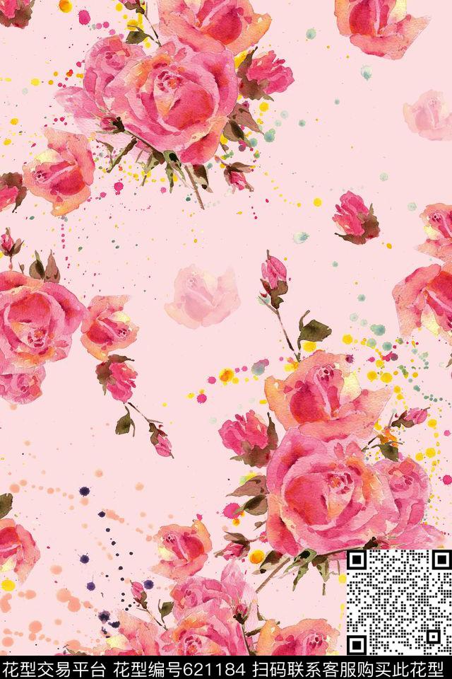 水彩花卉玫瑰数码印花华亿平台下载（图片编号: 621184） - 瓦栏（Walan）