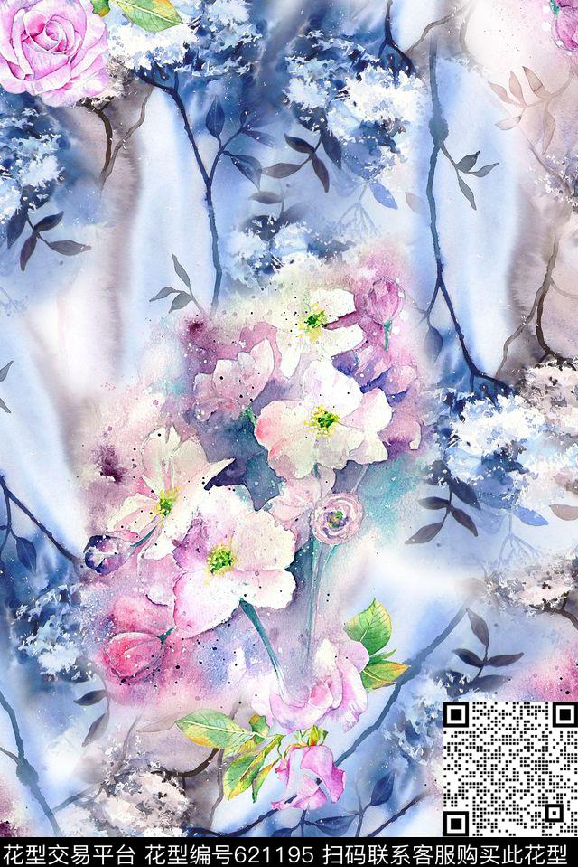 时尚手绘水彩花卉印花抽象纹理清爽时尚柔和系列印花数码印花华亿平台下载（图片编号: 621195） - 瓦栏（Walan）