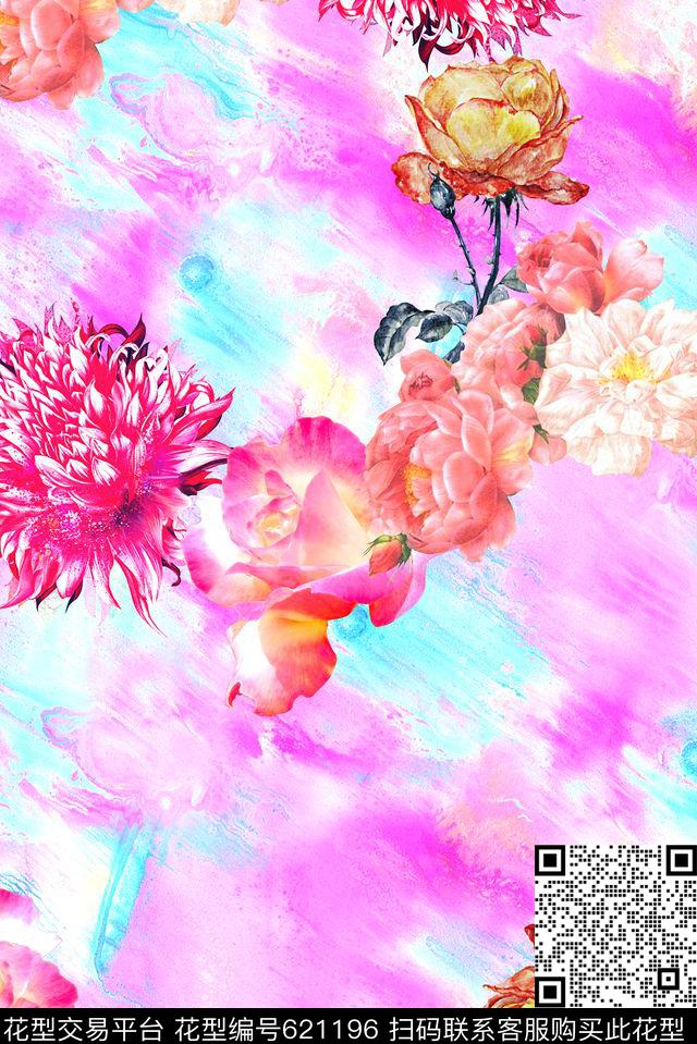 时尚手绘水彩花卉印花抽象纹理清爽时尚柔和系列印花数码印花华亿平台下载（图片编号: 621196） - 瓦栏（Walan）