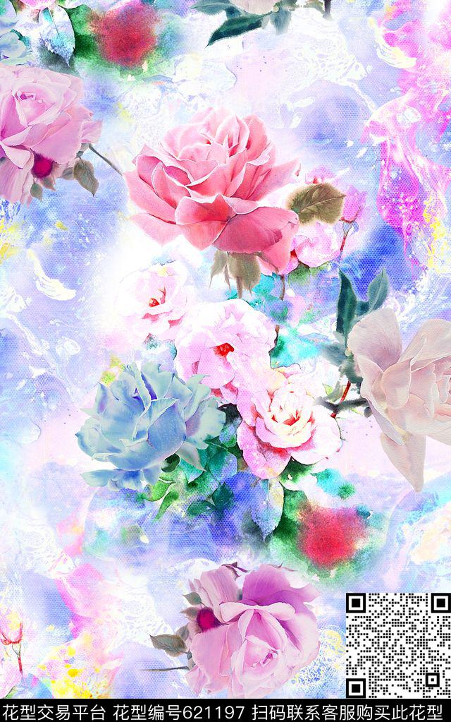 时尚手绘水彩花卉印花抽象纹理清爽时尚柔和系列印花数码印花华亿平台下载（图片编号: 621197） - 瓦栏（Walan）