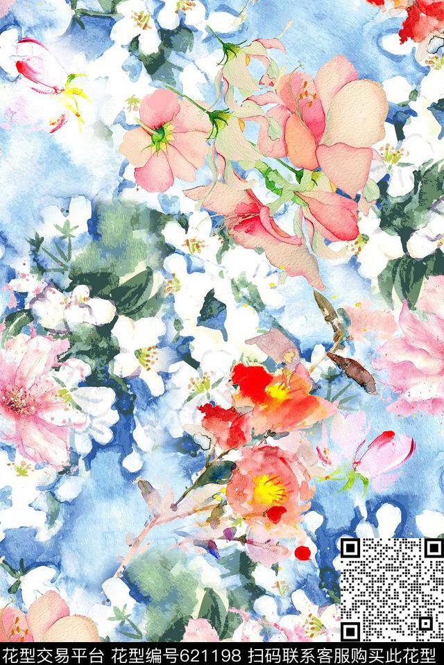 时尚手绘水彩花卉印花抽象纹理清爽时尚柔和系列印花数码印花华亿平台下载（图片编号: 621198） - 瓦栏（Walan）