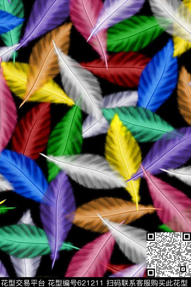 手绘羽毛叶子数码印花华亿平台下载（图片编号: 621211） - 瓦栏（Walan）