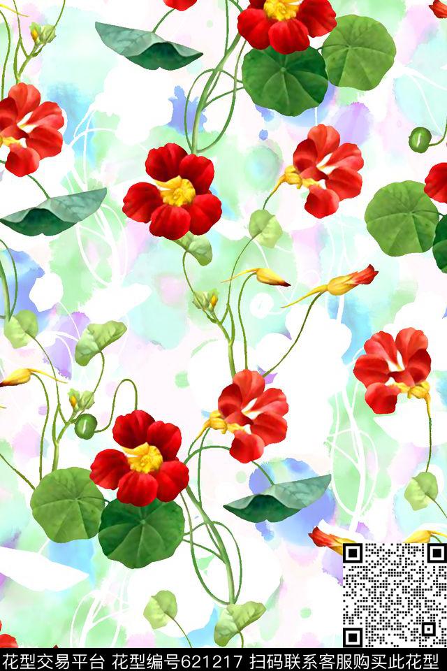 抽象手绘满版最新高清数码时尚潮流大牌复古欧美风清爽水彩花卉水彩纹理底纹花卉数码印花华亿平台下载（图片编号: 621217） - 瓦栏（Walan）