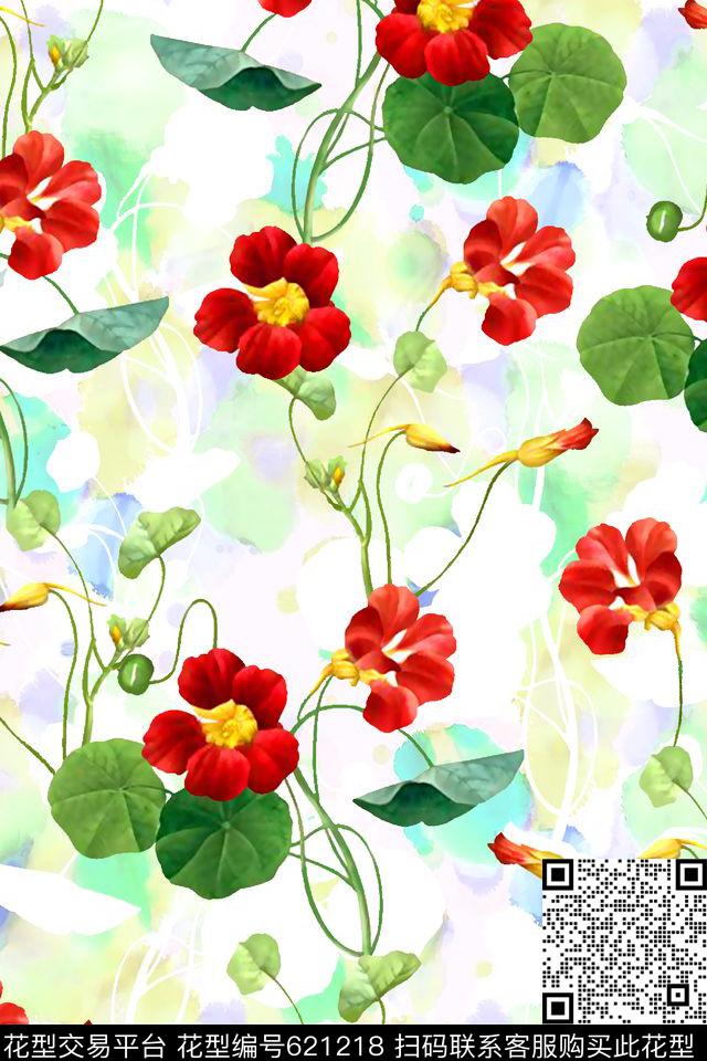 抽象手绘满版最新高清数码时尚潮流大牌复古欧美风清爽水彩花卉水彩纹理底纹花卉数码印花华亿平台下载（图片编号: 621218） - 瓦栏（Walan）