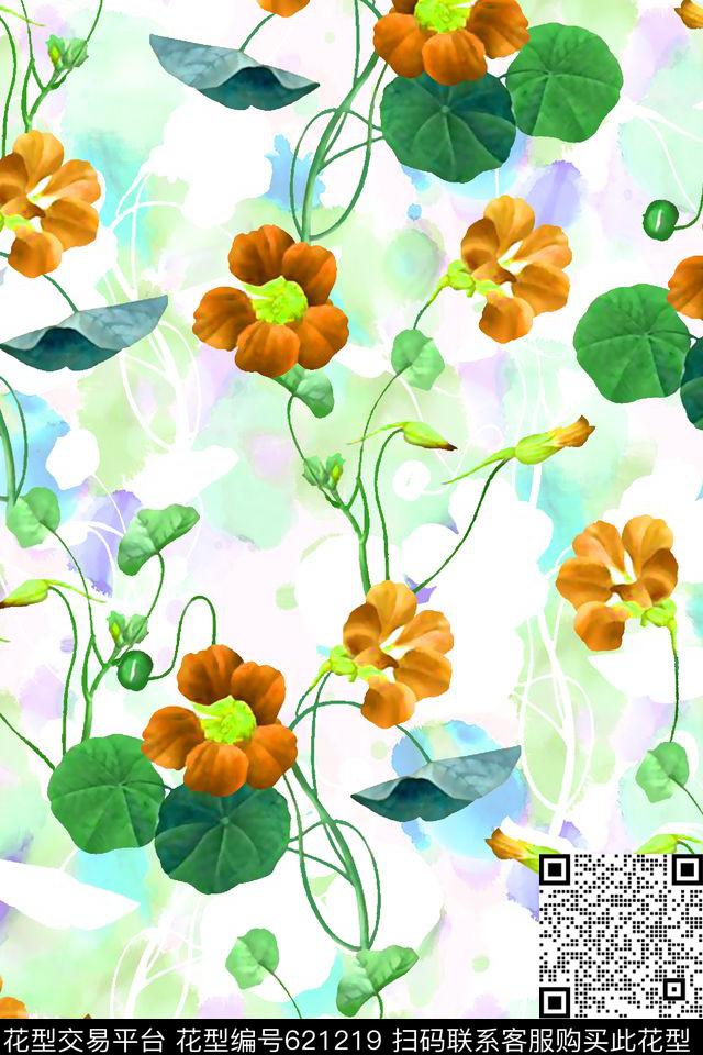 抽象手绘满版最新高清数码时尚潮流大牌复古欧美风清爽水彩花卉水彩纹理底纹花卉数码印花华亿平台下载（图片编号: 621219） - 瓦栏（Walan）