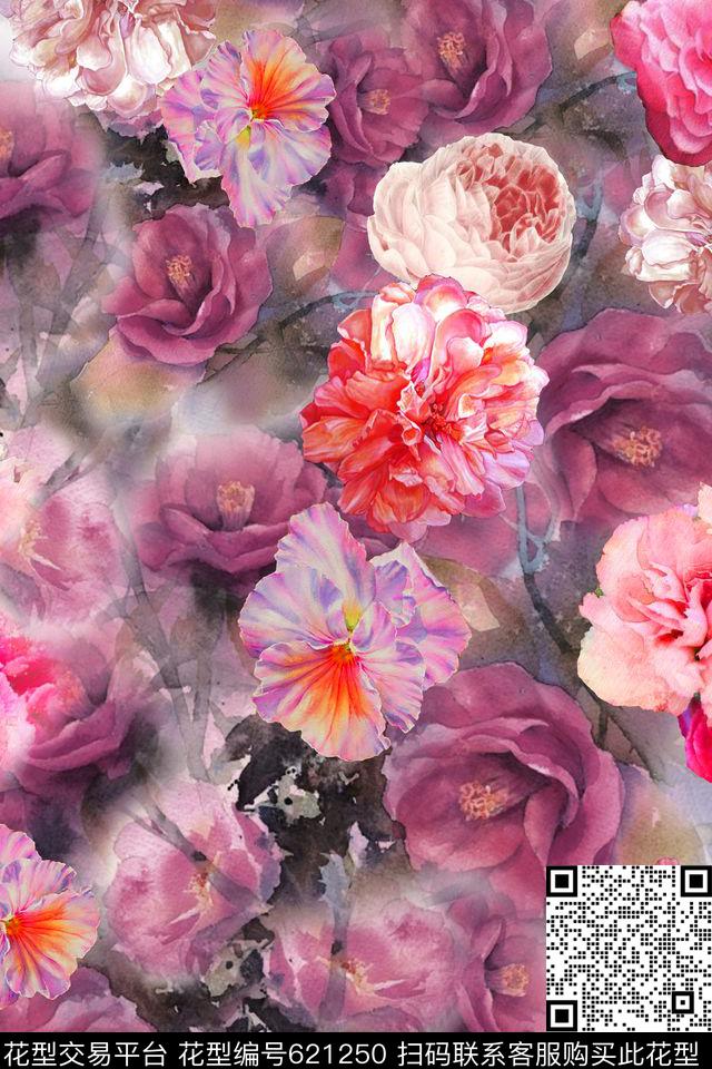 满版花卉中老年花卉油画花数码印花华亿平台下载（图片编号: 621250） - 瓦栏（Walan）