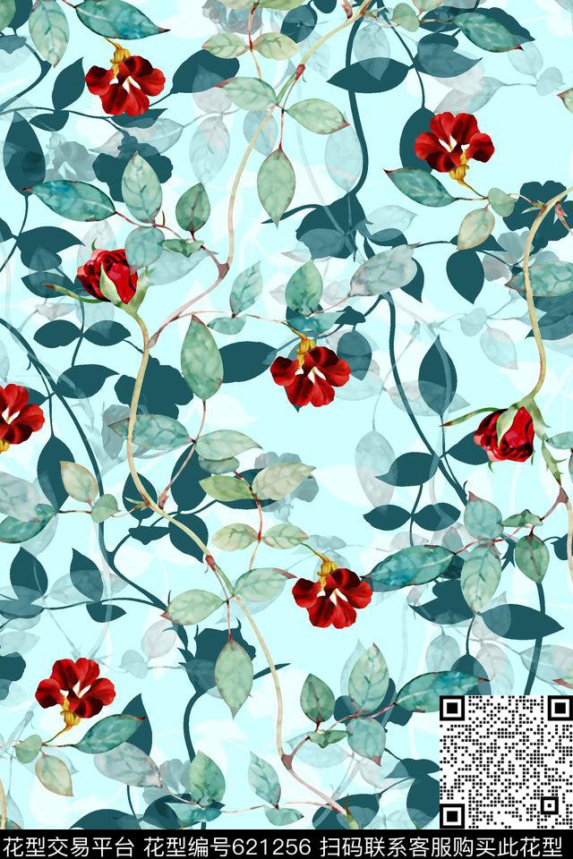 抽象手绘满版最新高清数码时尚潮流大牌复古欧美风小碎花玫瑰花卉树叶纹理数码印花华亿平台下载（图片编号: 621256） - 瓦栏（Walan）