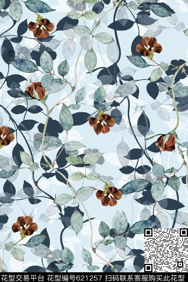 抽象手绘满版最新高清数码时尚潮流大牌复古欧美风小碎花玫瑰花卉树叶纹理数码印花华亿平台下载（图片编号: 621257） - 瓦栏（Walan）