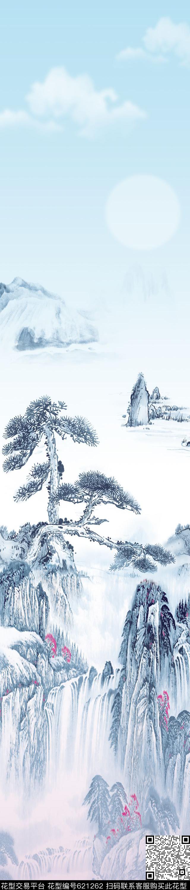 中国风松树天空传统印花华亿平台下载（图片编号: 621262） - 瓦栏（Walan）