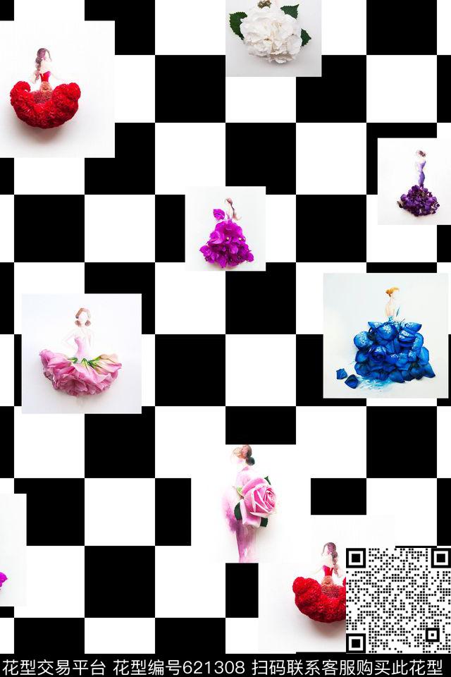 黑白格子几何水果人物数码印花华亿平台下载（图片编号: 621308） - 瓦栏（Walan）