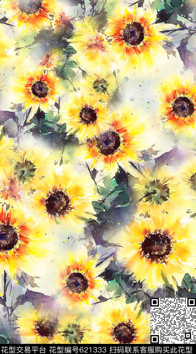 满版向日葵花朵数码印花华亿平台下载（图片编号: 621333） - 瓦栏（Walan）