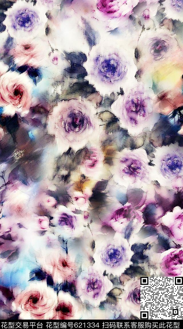 满版创意水彩数码印花华亿平台下载（图片编号: 621334） - 瓦栏（Walan）