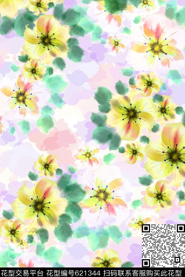 清新淡雅时尚花朵数码印花华亿平台下载（图片编号: 621344） - 瓦栏（Walan）