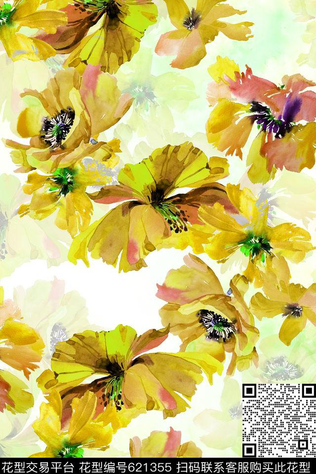 花朵花卉清新淡雅数码印花华亿平台下载（图片编号: 621355） - 瓦栏（Walan）