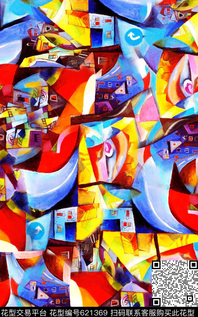 油画房子色块数码印花华亿平台下载（图片编号: 621369） - 瓦栏（Walan）