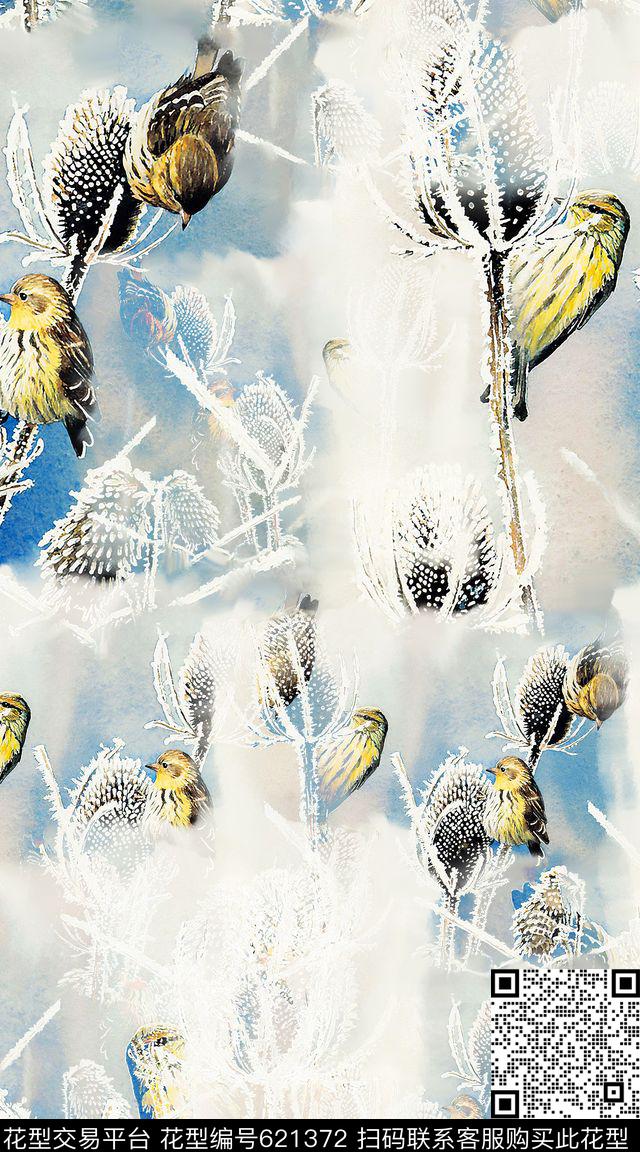 抽象水彩鸟数码印花华亿平台下载（图片编号: 621372） - 瓦栏（Walan）