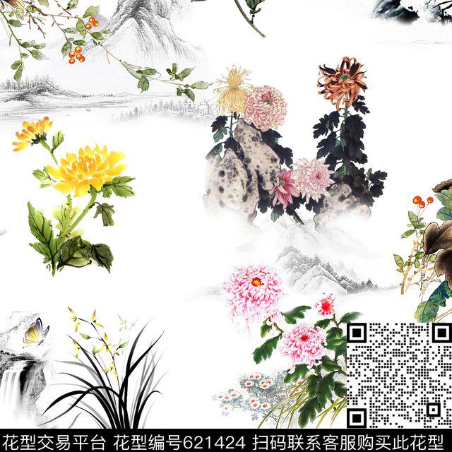 此华亿平台为1/2跳接山水画花卉数码印花华亿平台下载（图片编号: 621424） - 瓦栏（Walan）