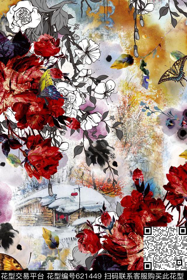 手绘花卉玫瑰数码印花华亿平台下载（图片编号: 621449） - 瓦栏（Walan）