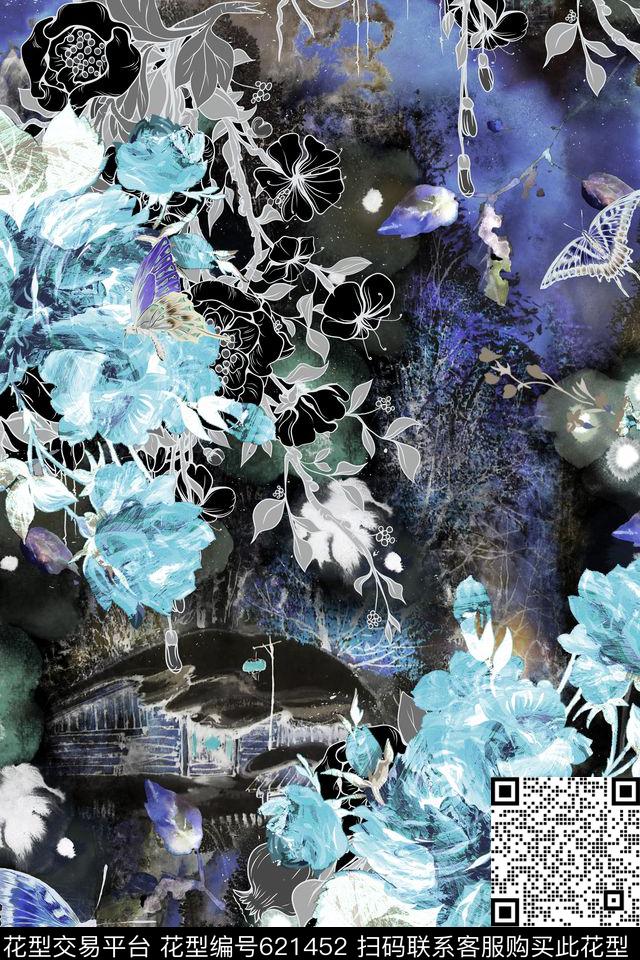 手绘花卉玫瑰数码印花华亿平台下载（图片编号: 621452） - 瓦栏（Walan）