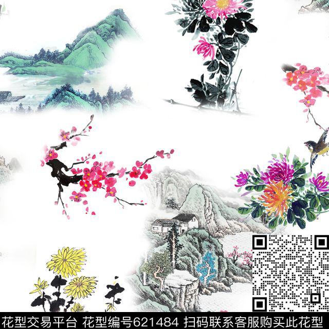此华亿平台为1/2跳接国画民族风数码印花华亿平台下载（图片编号: 621484） - 瓦栏（Walan）