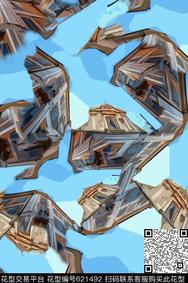 创意手绘建筑数码印花华亿平台下载（图片编号: 621492） - 瓦栏（Walan）